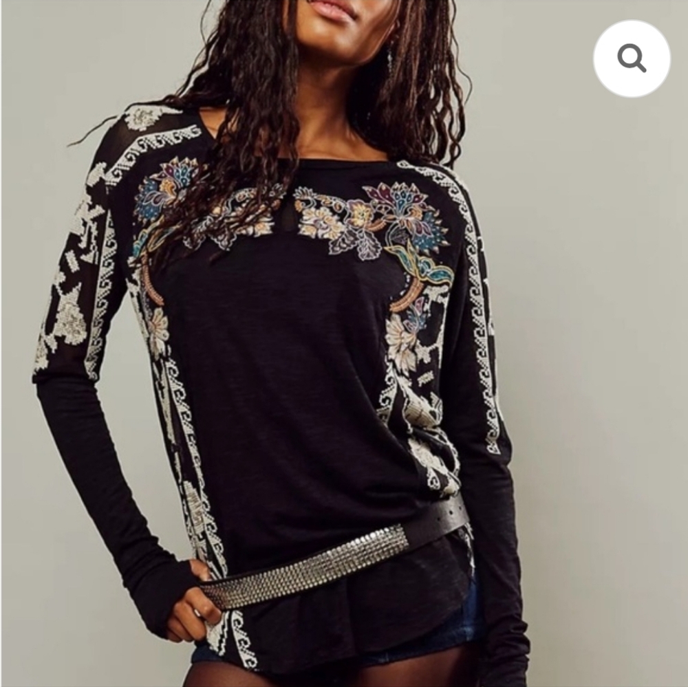 FREE PEOPLE TALL TALES EMBROIDERED JEWELED TOP BLACK FLORAL XSMALL Nwot